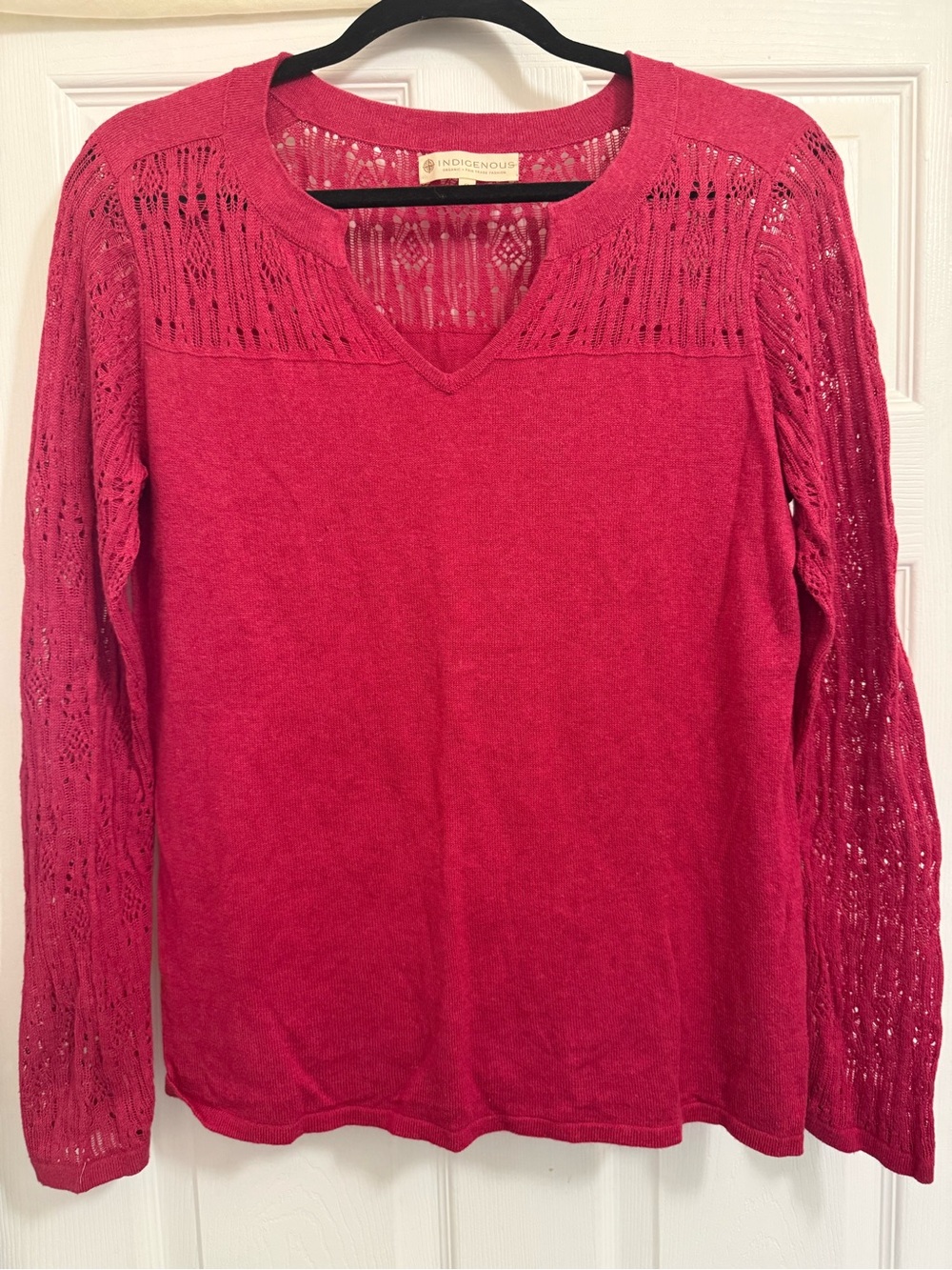 Indigenous Fuchsia Openwork Knit V-Neck Sweater